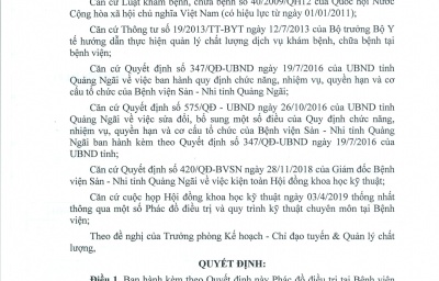 QUYẾT ĐỊNH VỀ VIỆC BAN HÀNH PHÁC ĐỒ ĐIỀU TRỊ TẠI BỆNH VIỆN SẢN NHI TỈNH QUẢNG NGÃI